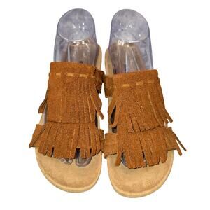 Minnetonka Shoes Womens 8 Brown Leather Fringe Slide Sandals Flat Boho Bohemian